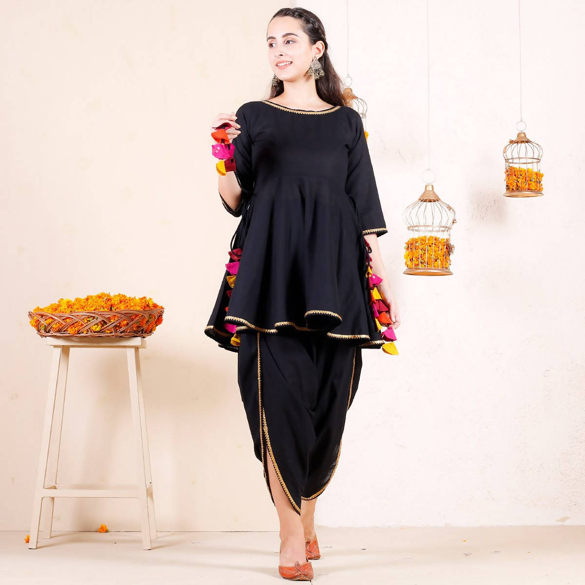 Cheera Black Dhoti Peplum Top Set With Multicolour Tassels (CH125KD) - Distacart