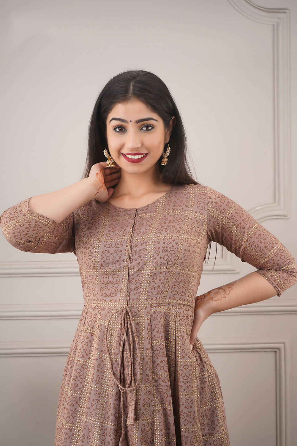 Partywear Designer Hand Screen and Foil Print Lightbrown Pure chanderi Gown - Anbazaar - Distacart