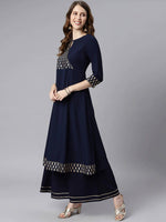 Thumbnail for Janasya Navy Blue & Gold-Toned Printed Yoke Design Keyhole Neck Crepe Anarkali Kurta - Distacart