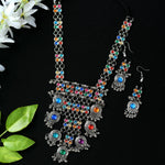 Thumbnail for Mominos Fashion Johar Kamal Oxidised Silver-Plated Brass Finish Multi Kundan Afghani Long Necklace For Women - Distacart