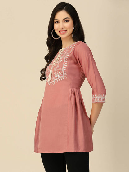 Peach Chinon Slub Floral Embroidered Top - Zeny - Distacart