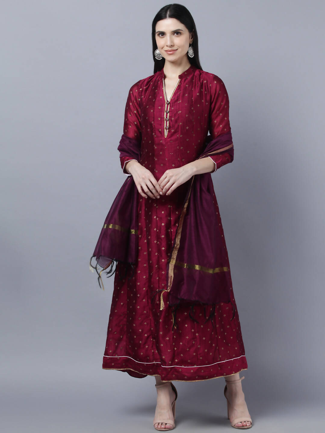 Myshka Women Brown Gold-Toned Anarkali Kurta With Dupatta - Distacart