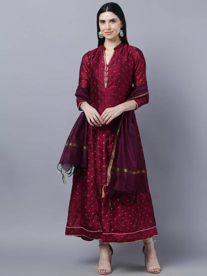 Myshka Women Brown Gold-Toned Anarkali Kurta With Dupatta - Distacart