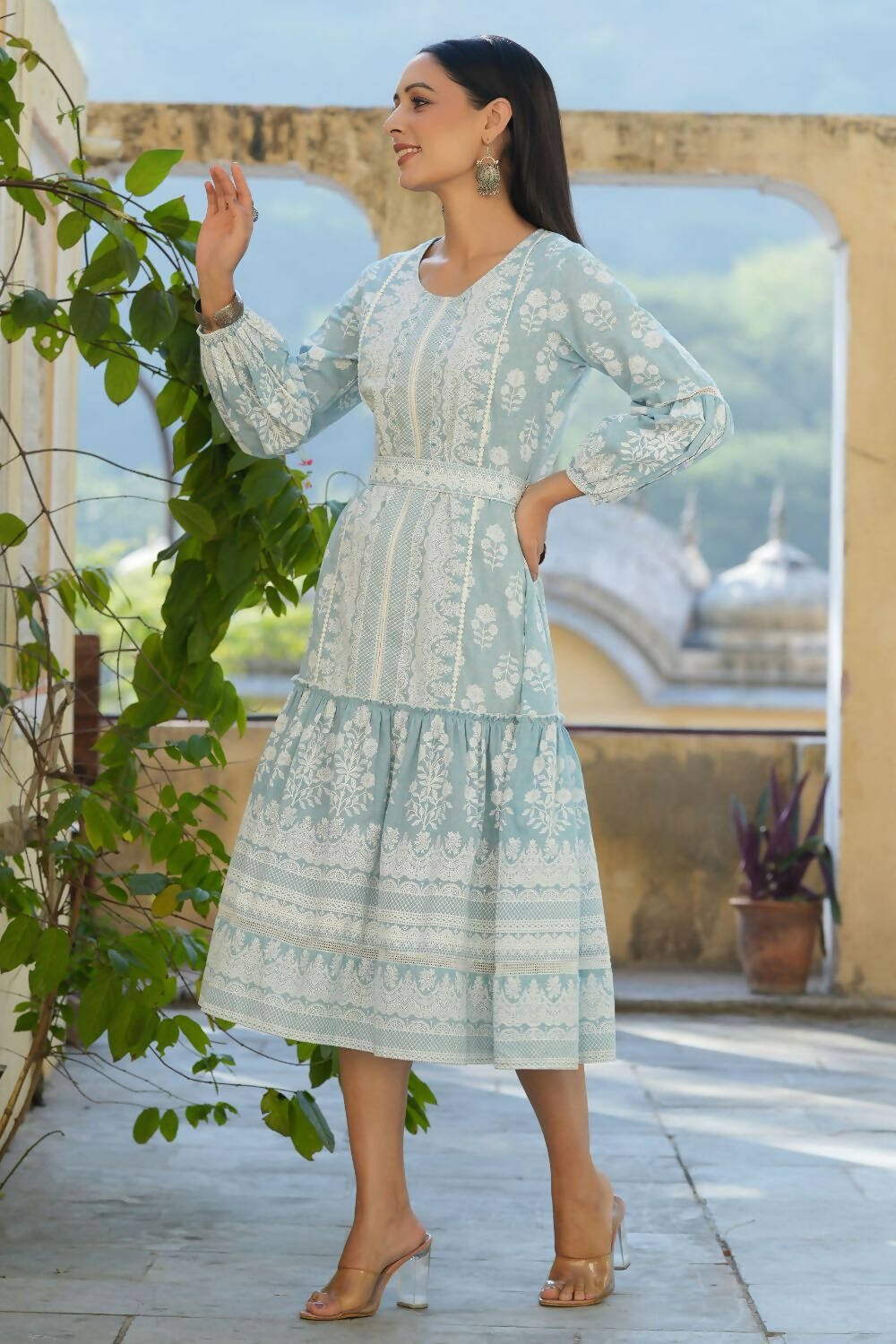 Juniper Women's Sky Blue Printed Flared Dress - Distacart