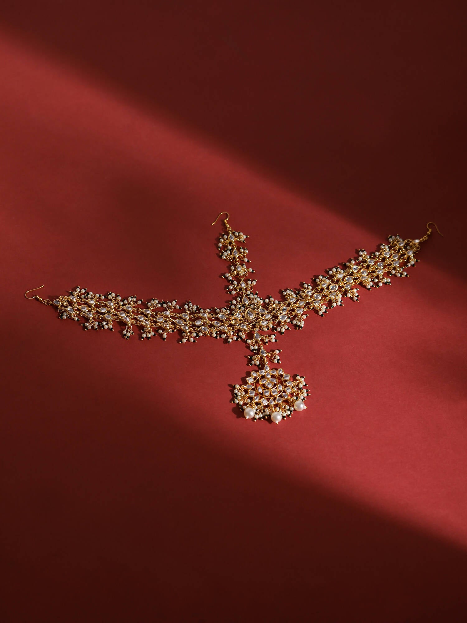 Gold-Plated White Green Kundan-Studded Pearl Beaded Matha Patti - Ruby Raang - Distacart