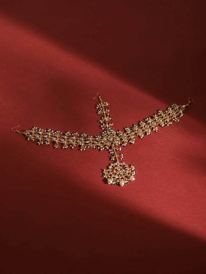 Gold-Plated White Green Kundan-Studded Pearl Beaded Matha Patti - Ruby Raang - Distacart