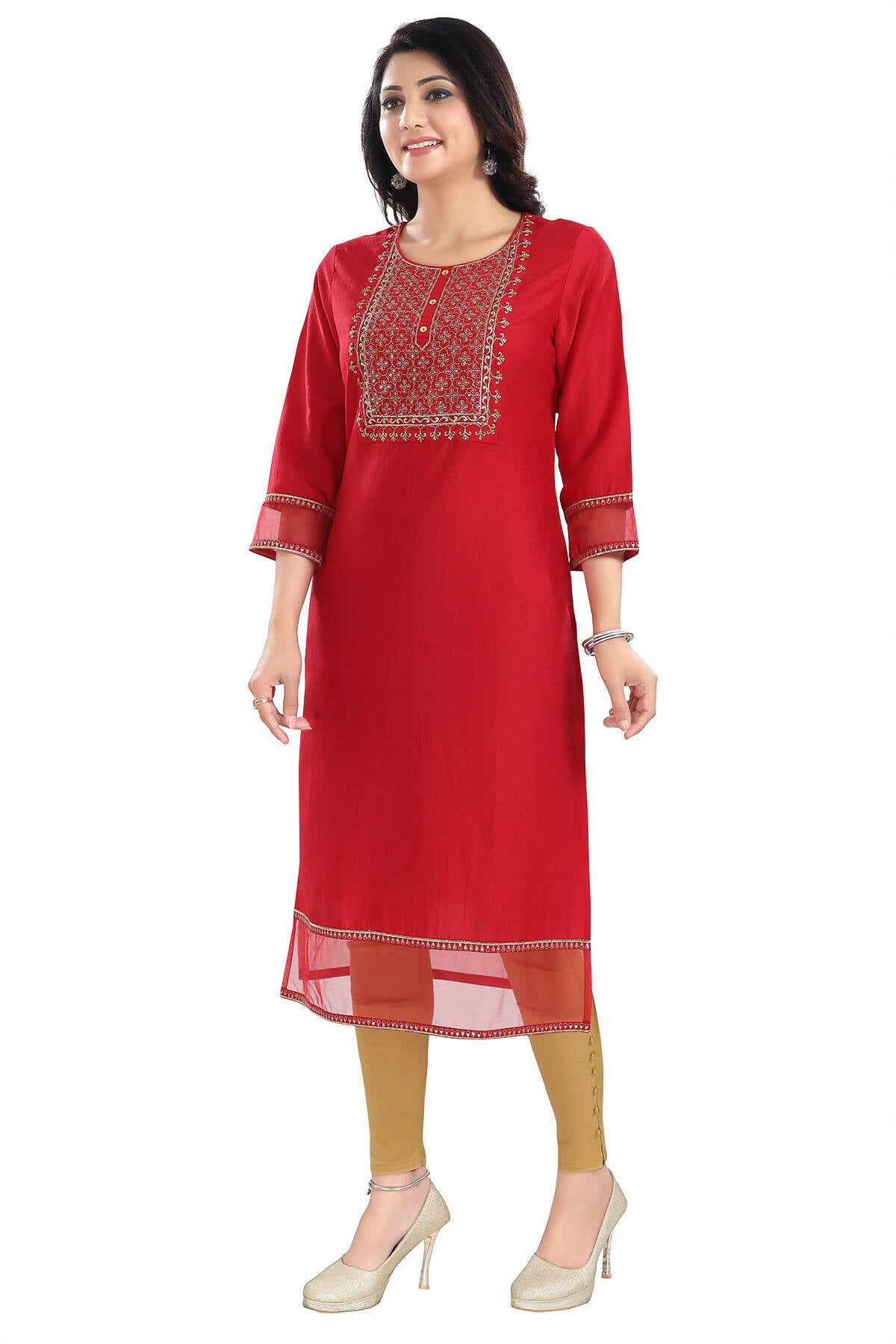 Snehal Creations Mighty Red Art Silk Designer Long Kurti Tunic With Zari Embroidery - Distacart