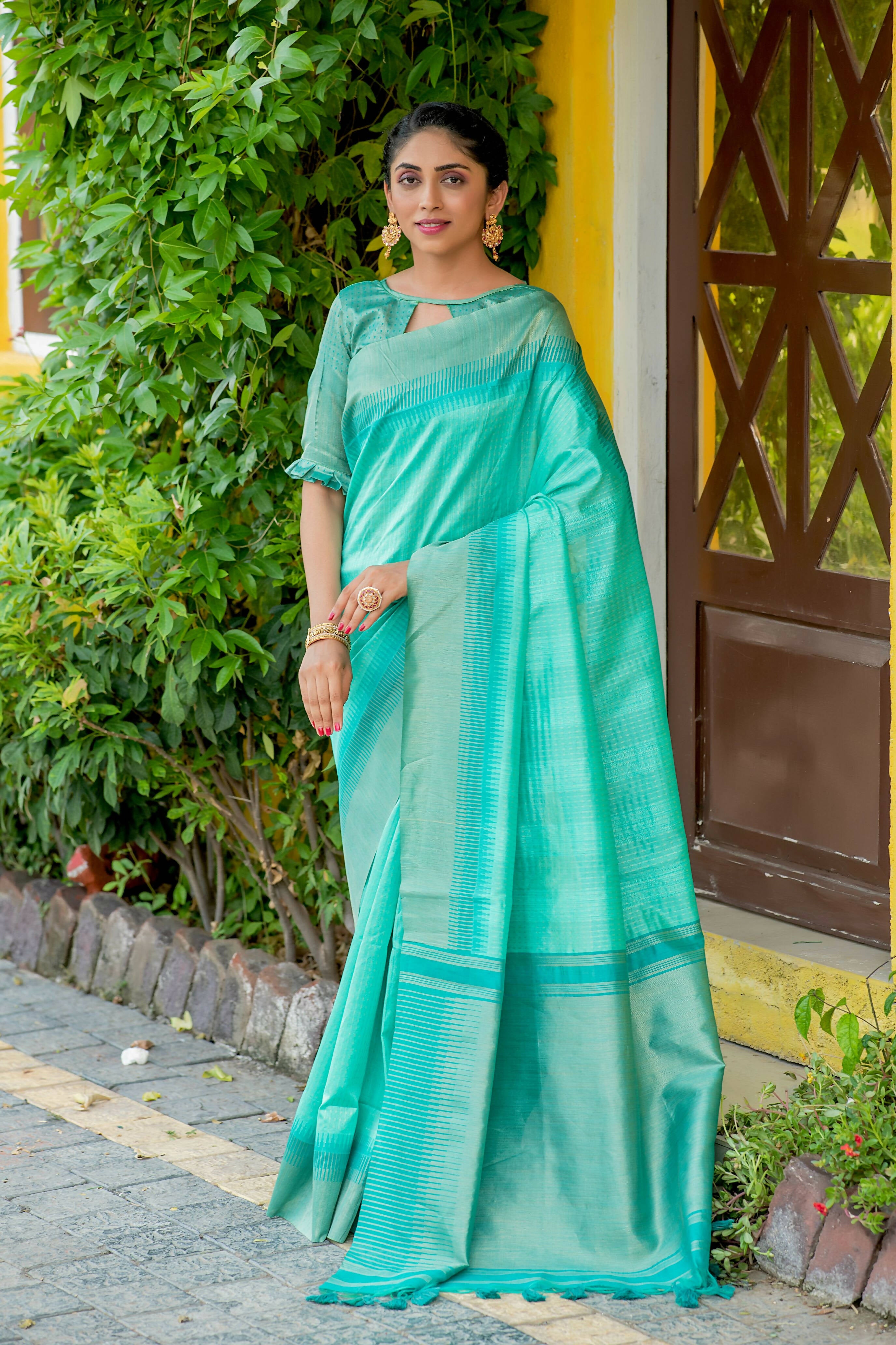 Vishnu Weaves Women's Sea Green South Silk Zari Woven Saree with Unstitched Blouse - Distacart