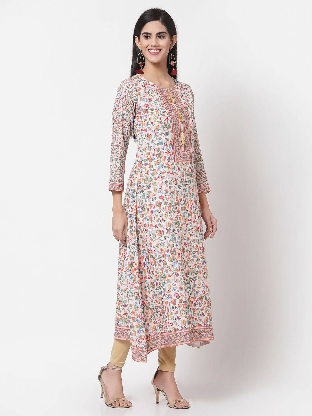 Myshka Multi Cotton Printed Full Sleeve Round Neck Casual Kurta