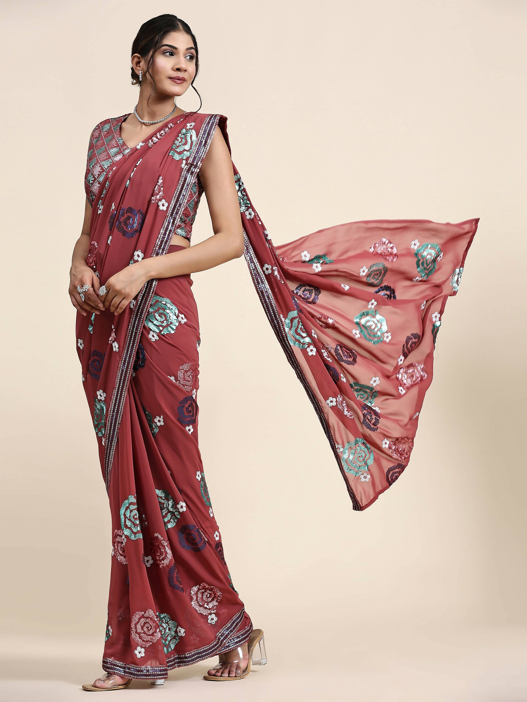 Peach Pure Georgette Sequence work Ready to wear Saree with stitched Blouse - Nirvana - Distacart