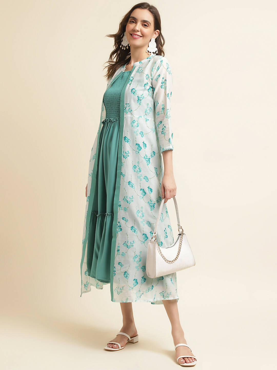 Light Blue Cotton Solid Flared Dress with Printed Shrug - Yukti - Distacart