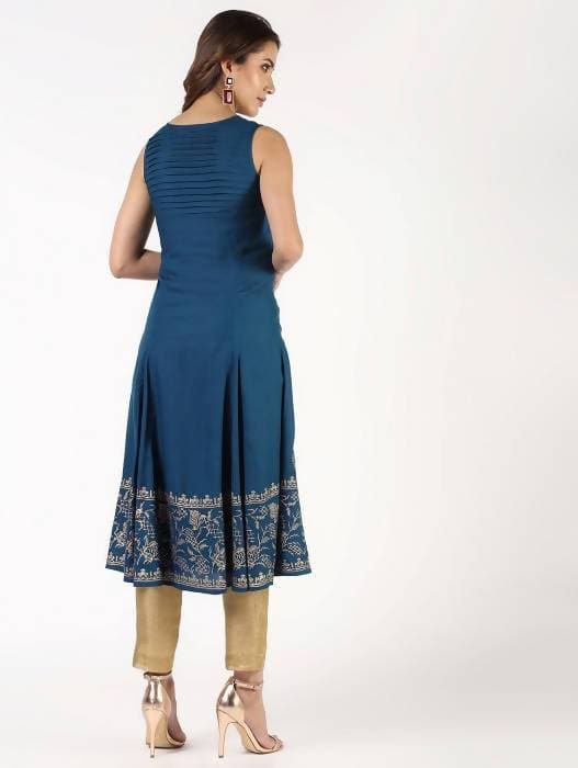 Aniyah Rayon Block Print Flared Blue Kurta (AN-149K)