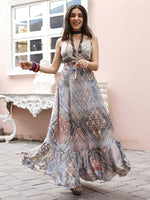 Thumbnail for Blue Crepe Foil Printed Long Dress - Michan - Distacart