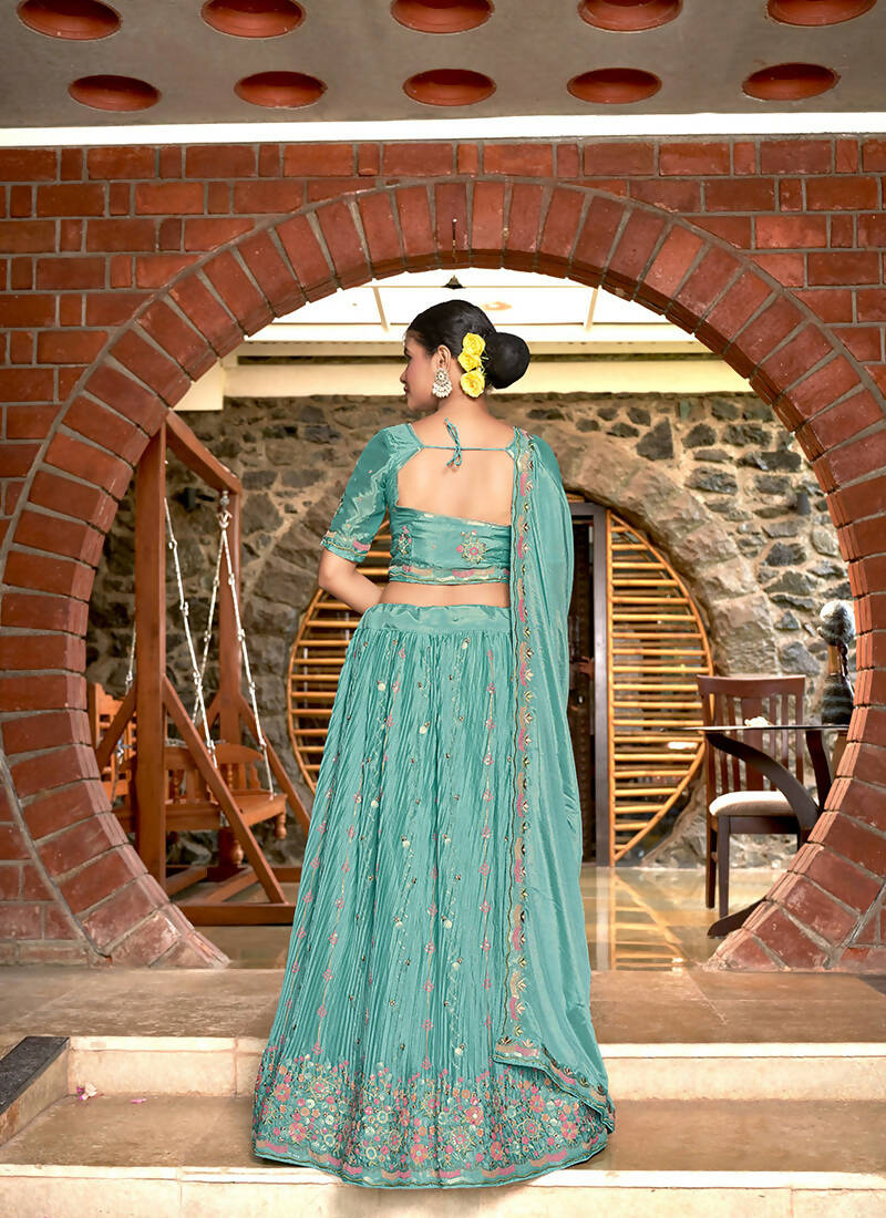 Sky Blue Chinon Crushed Sequence and Thread Embroidery Work Lehenga Choli with Dupatta - Viharini - Distacart