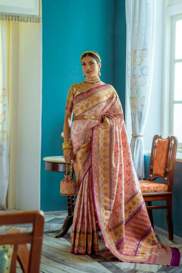 Vishnu Weaves Women's Baby Pink Patola Banarasi Silk Meenakari Zari Woven Saree with Blouse - Distacart
