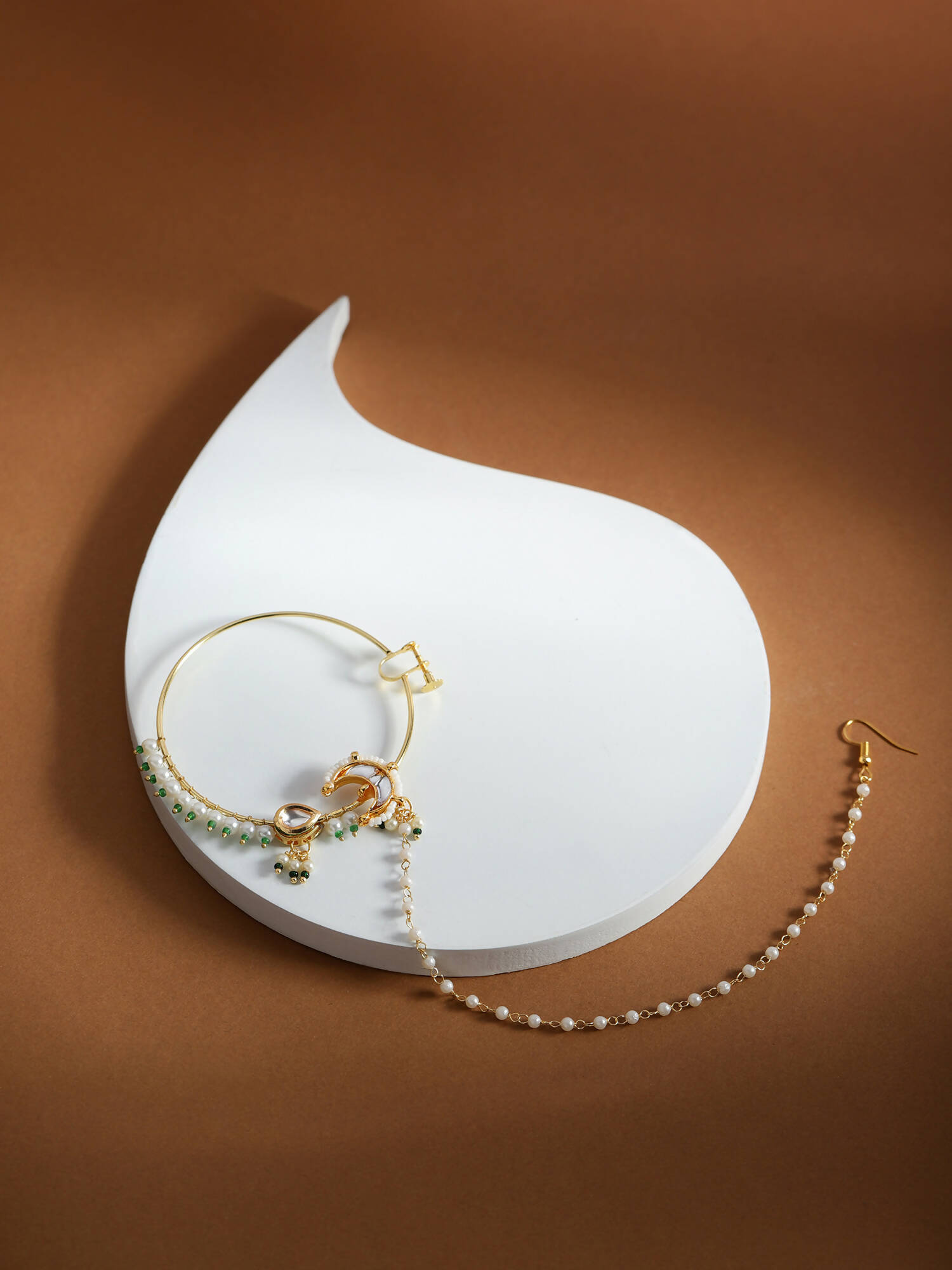 Gold-Plated White Green Kundan-Studded Pearl Beaded Nosepin - Ruby Raang - Distacart