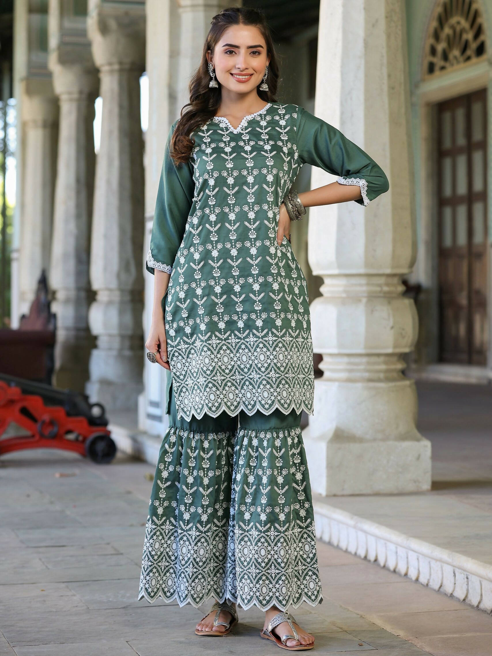 Juniper Women's Green Chinnon Embroidered Kurta Garara Set - Distacart