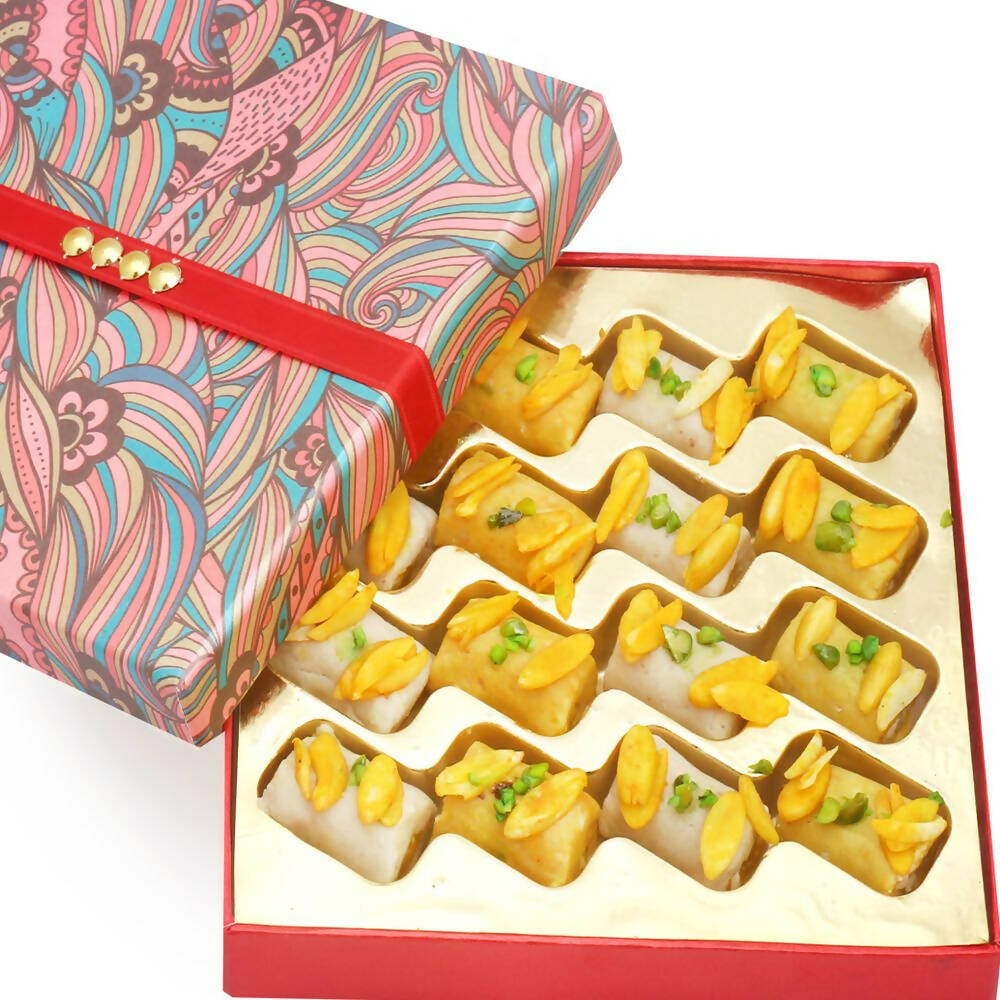 Ghasitaram Mini Assorted Kaju Rolls in Pink Box - Distacart