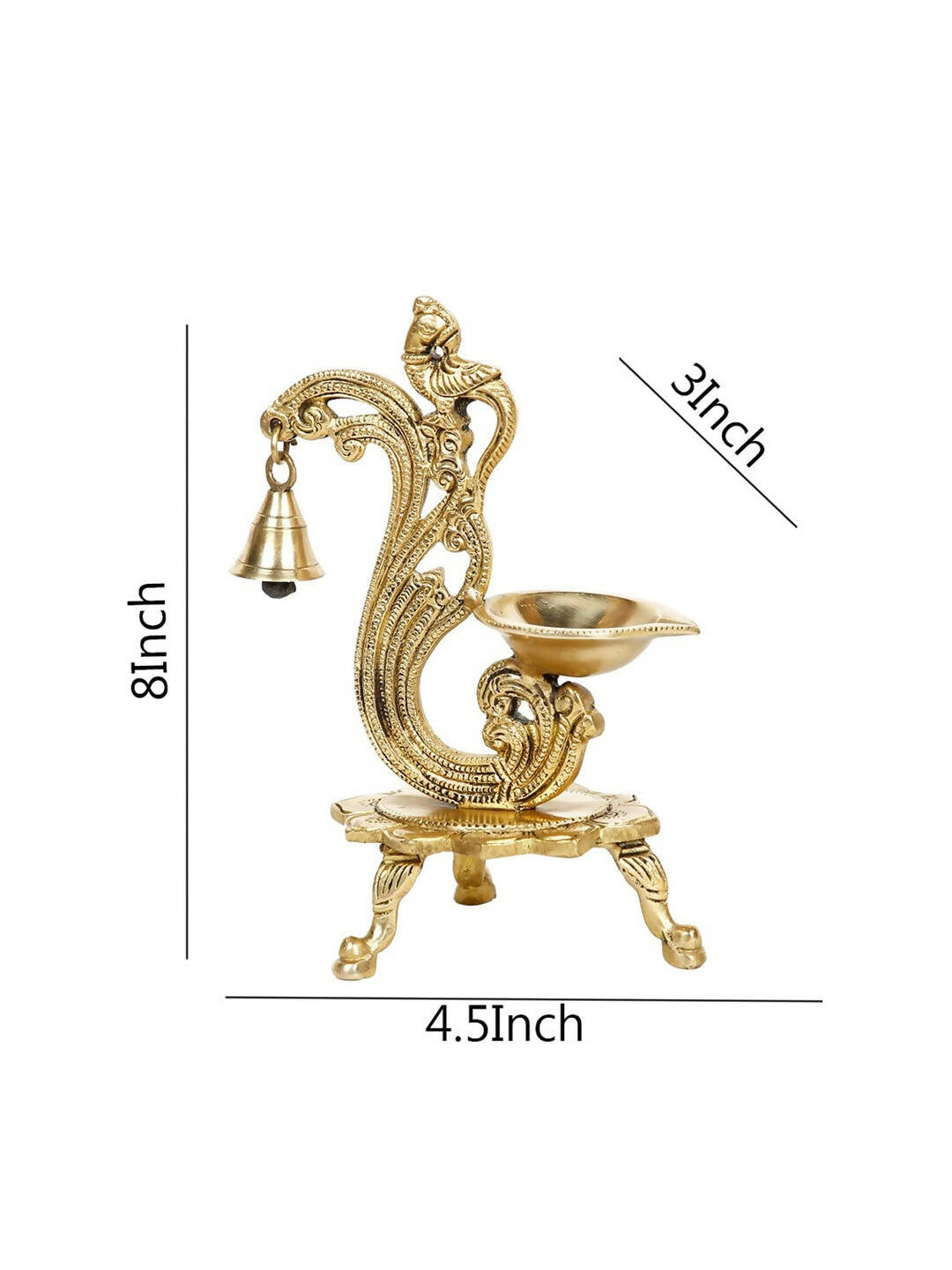 CraftVatika Gold-Toned Brass Handmade Decorative Peacock Design Diya with Bell & Stand - Distacart