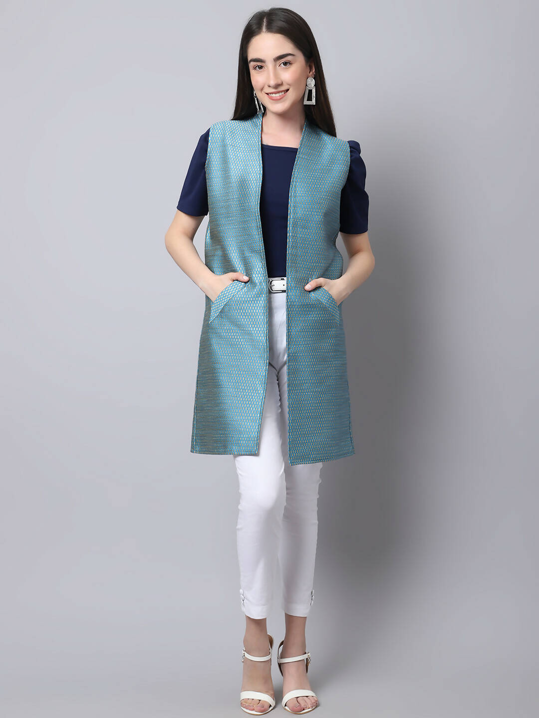 Even Apparels Blue Bansari Silk Open Front Women's Long Coat - Distacart