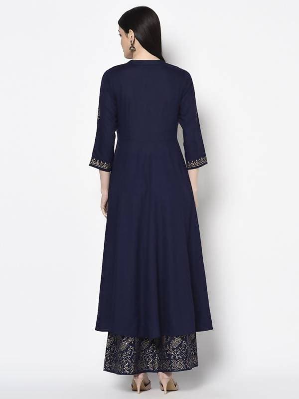 Aniyah Rayon Navy Blue Color Block Print Anarkali Palazzo Set (AN-210K)