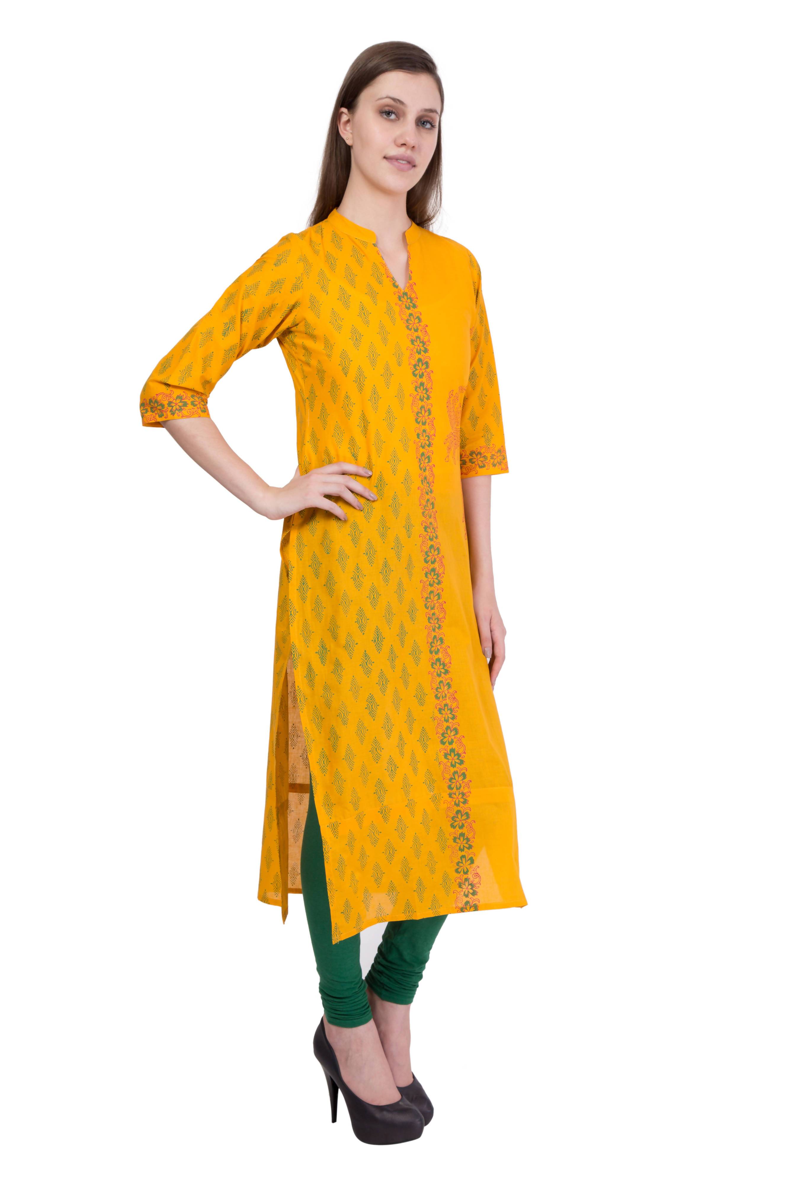Cheera Hand Block Print Mustard Straight Kurta (MAAI-059K)