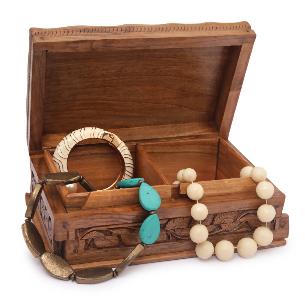 Nizalia Carved Chinar Leaf Handmade Walnut Wood Jewellery Box