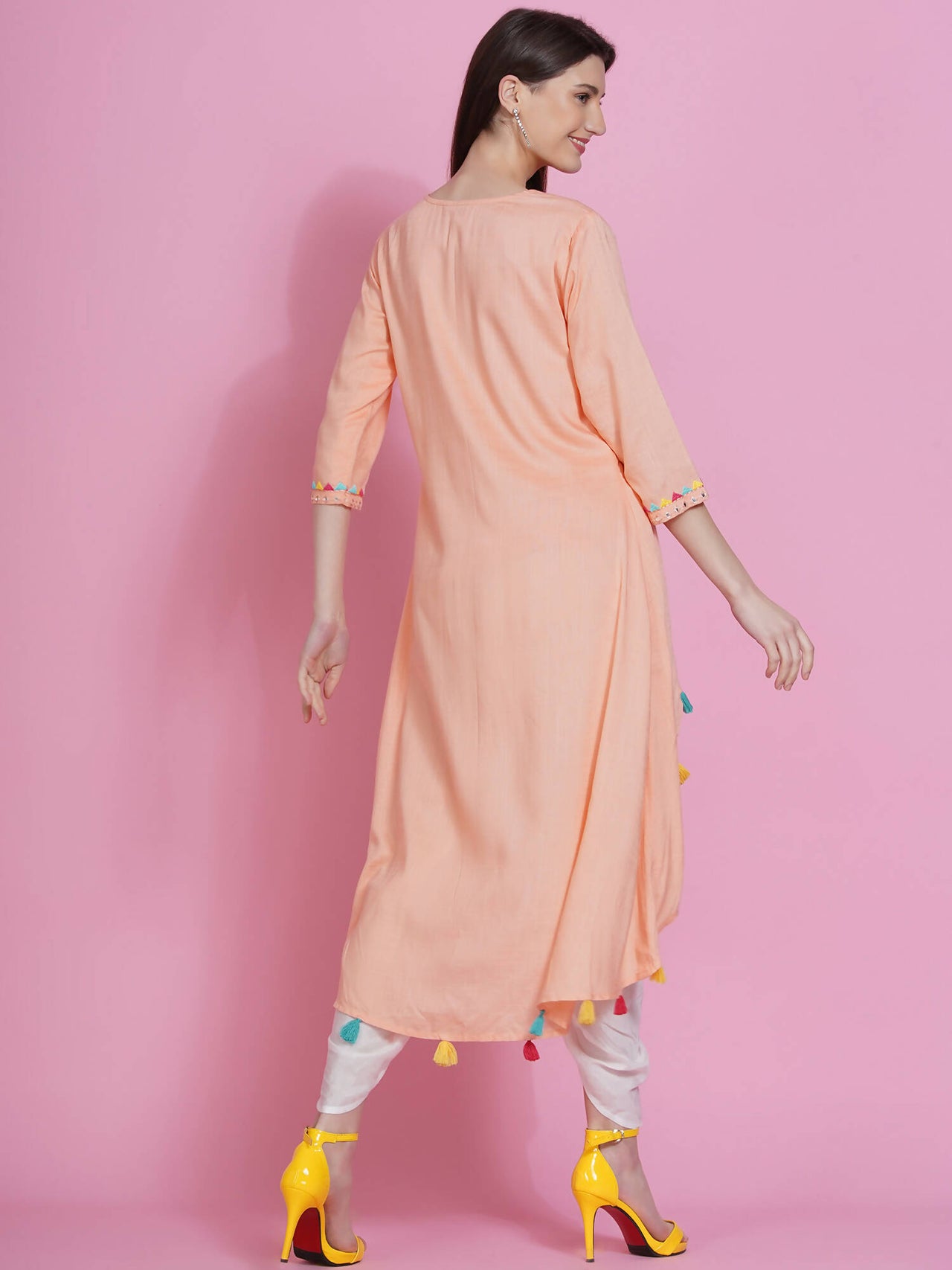 Women Republic Peach Rayon Embroidered Kurta With Mirror Work And Tulip Pants - Distacart