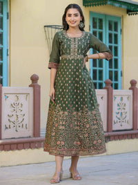 Thumbnail for Juniper Women Olive Chanderi Printed Maxi Dress with Embroidered Yoke - Distacart
