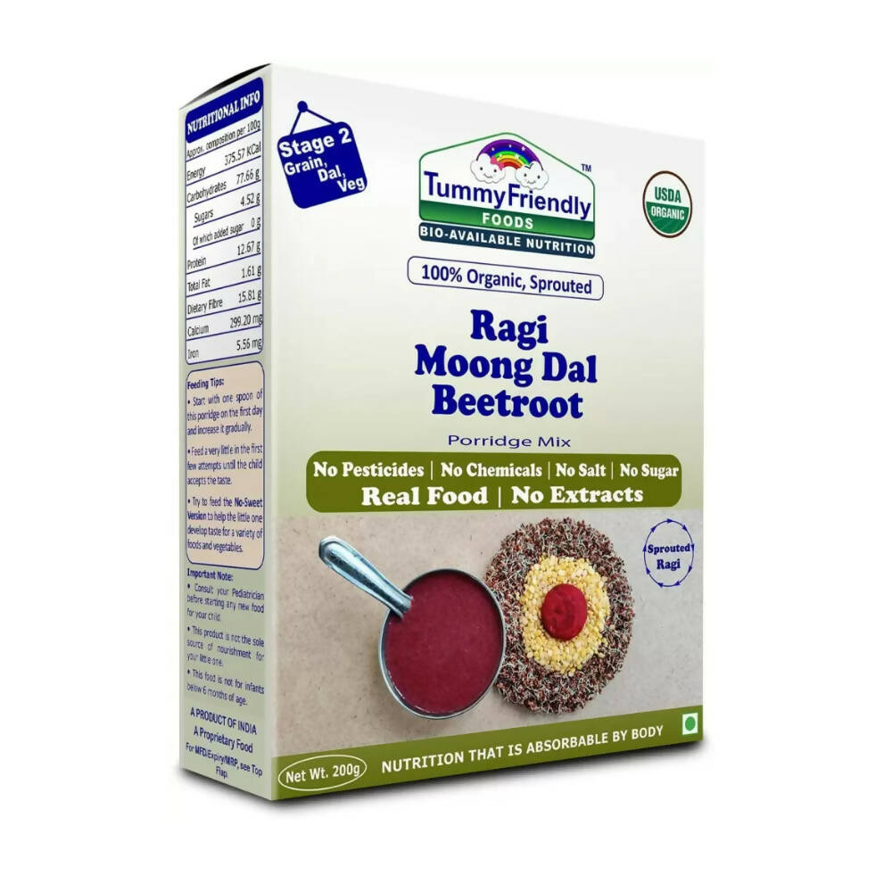 TummyFriendly Foods Organic Sprouted Ragi, Moong Dal, Beetroot Porridge Mix - Distacart