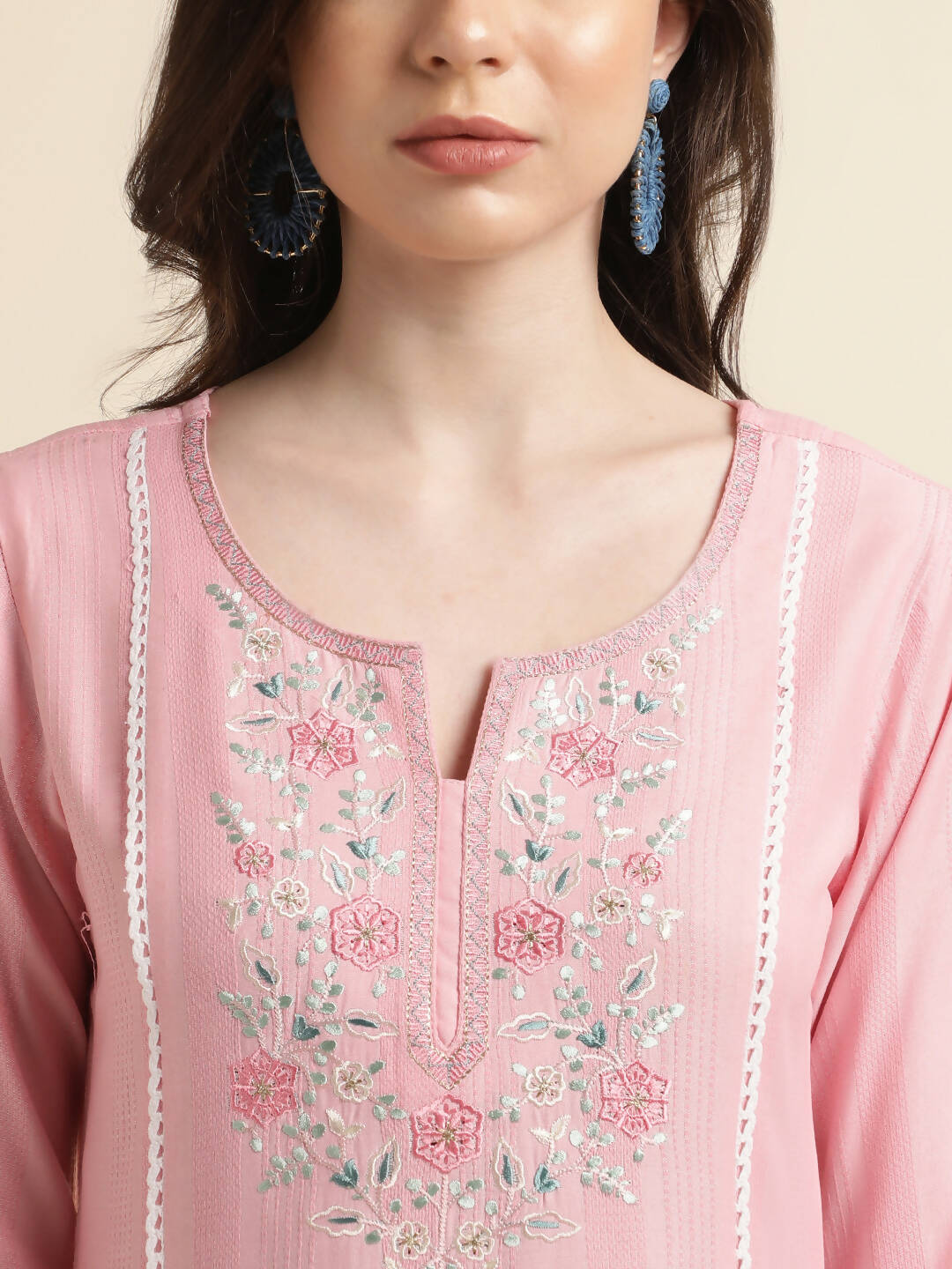 Pink Viscose Rayon Yoke Embroidered A-line Top - Tarini - Distacart