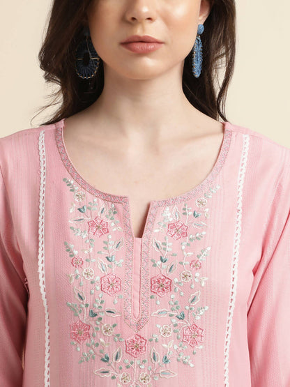 Pink Viscose Rayon Yoke Embroidered A-line Top - Tarini - Distacart