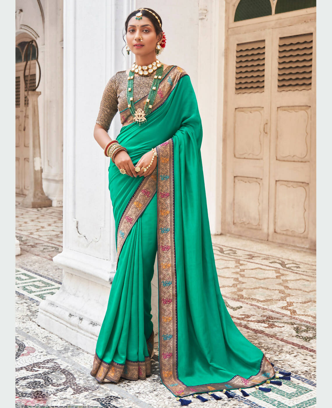 Sea Green Vichitra Solid Saree With Unstitched Blouse Piece - Juhi - Distacart