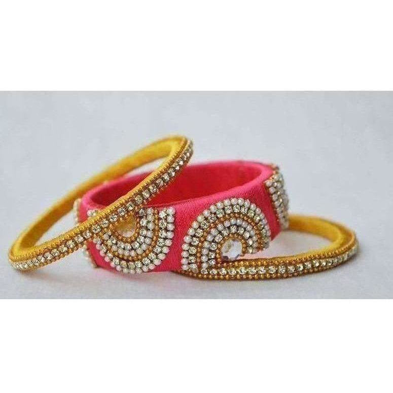 Pink and Yellow Color Combination with White Stones Bangles - Distacart