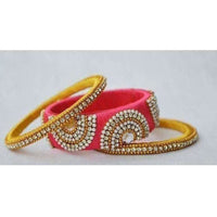 Thumbnail for Pink and Yellow Color Combination with White Stones Bangles - Distacart