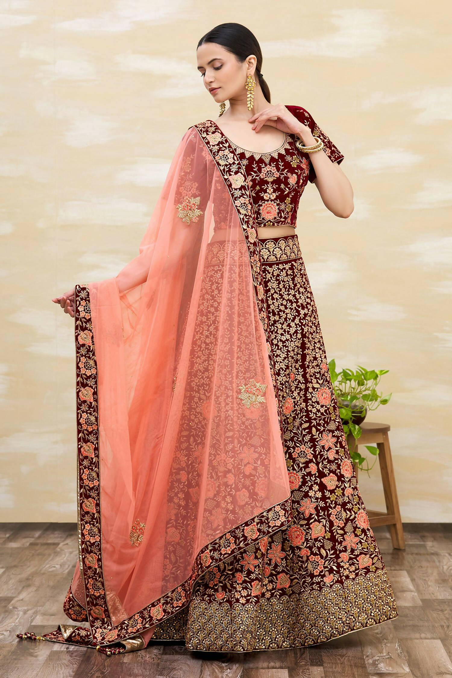 Maroon Velvet Semi-Stitched Wedding Bridal Lehenga - Nimaya - Distacart