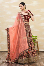 Thumbnail for Maroon Velvet Semi-Stitched Wedding Bridal Lehenga - Nimaya - Distacart