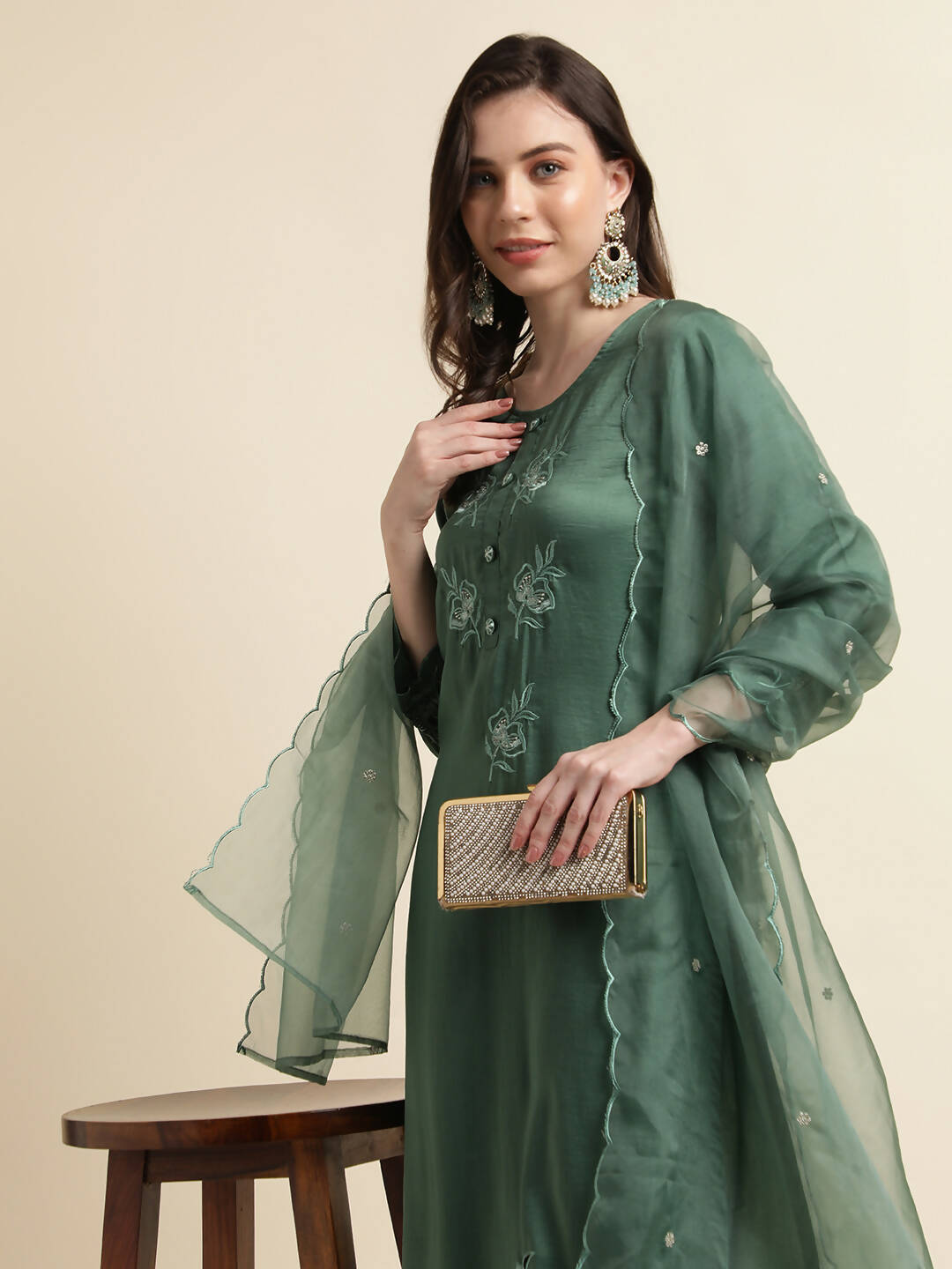 Green Chinon Silk Embroidered Straight Kurta with Trouser & Dupatta - Salimar - Distacart