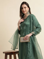Thumbnail for Green Chinon Silk Embroidered Straight Kurta with Trouser & Dupatta - Salimar - Distacart