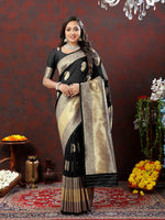 Thumbnail for Lorenvalley Fashion Black Soft Silk Woven Design Gold Zari Weaving Saree - Distacart