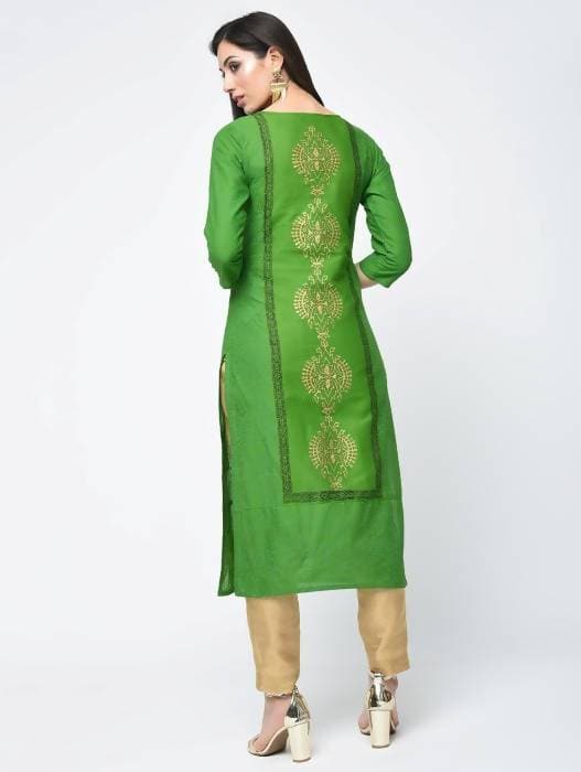 Aniyah Cotton Block Printed Green Color Straight Kurta (AN-129K)