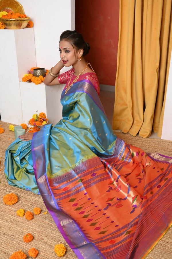 Very Much Indian Authentic Dual Tone Powder Blue Paithani - Distacart