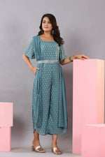 Thumbnail for Juniper Women Teal Georgette Foil Printed Draped Jumpsuit - Distacart