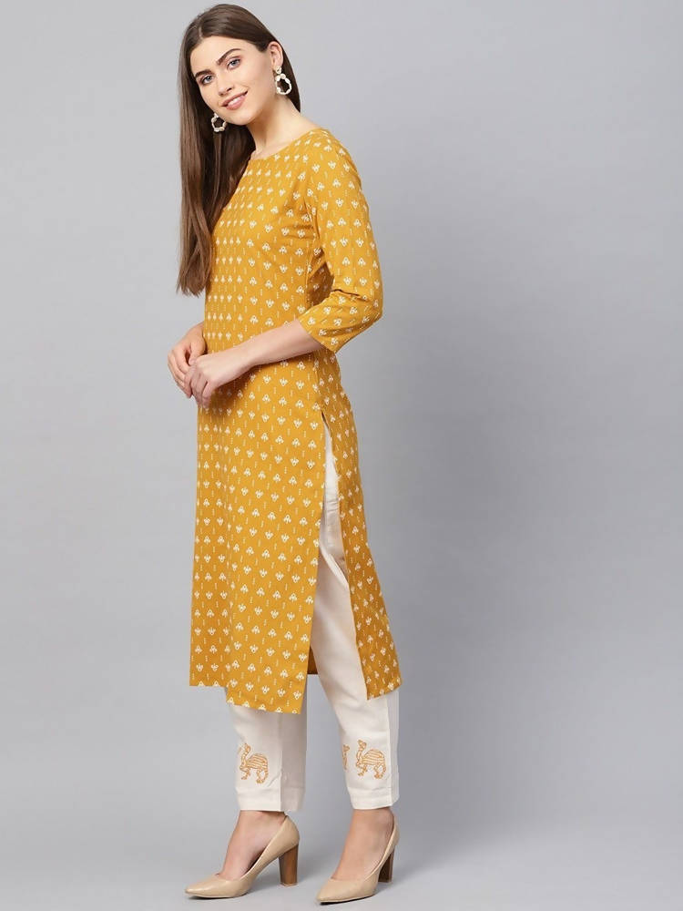 Yufta Women Mustard Yellow &amp; Off-White Block Print Kurta with Trouser