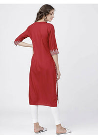 Thumbnail for Cheera Embellished Daily Wear Cotton Blend Kurta - Red - Distacart