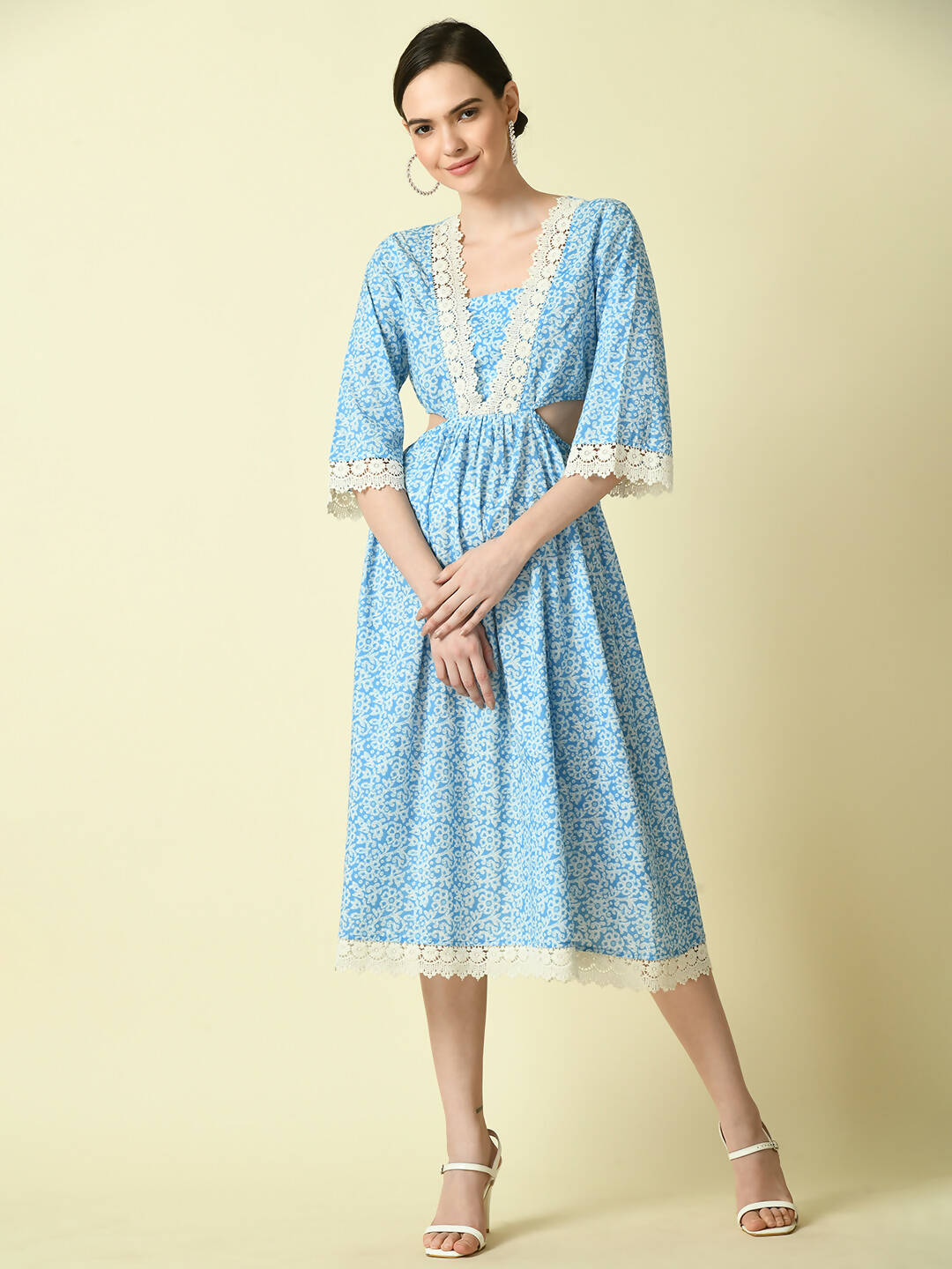 Myshka Women's Blue Floral Printed Fit and Flare Dress - Distacart