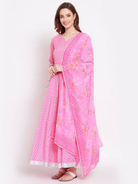 Thumbnail for Myshka Women's Pink Printed Cotton Blend 3/4 Sleeve V Neck Casual Anarkali Kurta Dupatta Set