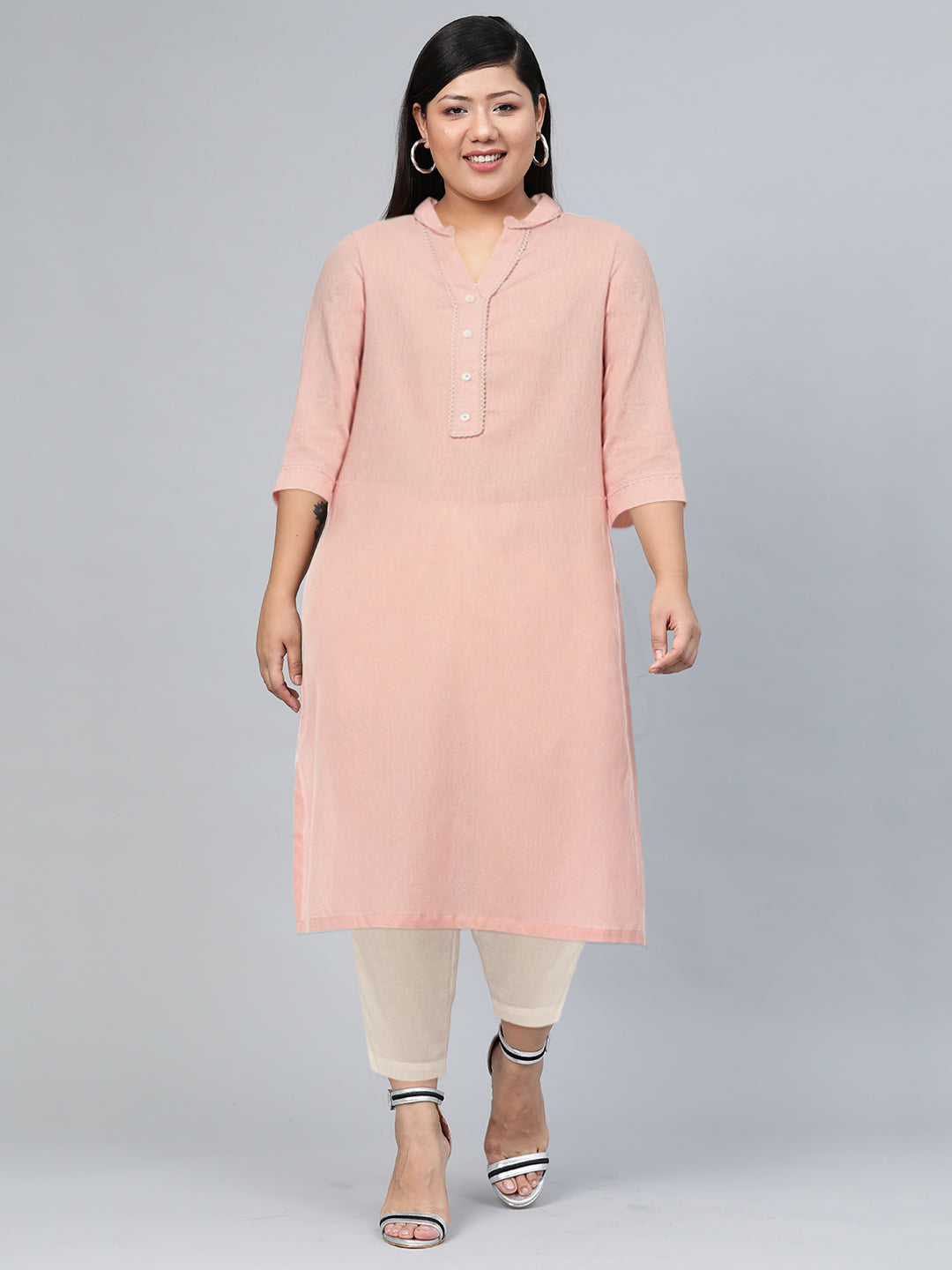 Biba Women Pure Cotton Striped Mandarin Collar Kurta - Distacart