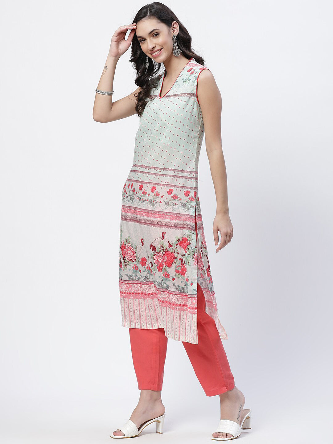 Biba Women Green Floral Printed Thread Work Kurta - Distacart