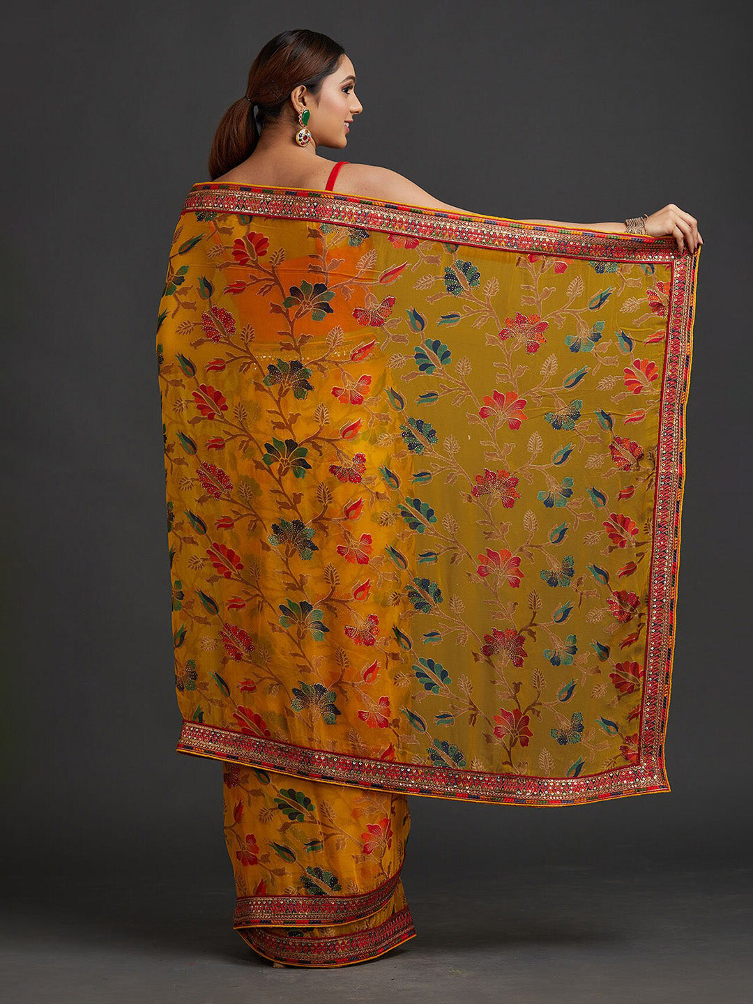 Koskii Yellow & Green Floral Sequinned Saree - Distacart